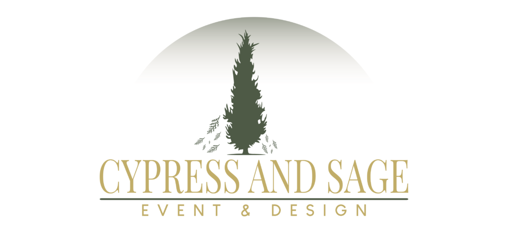 Logo with a dark green cypress tree, gray half-circle background, and gold text Cypress and Sage Event and Design.