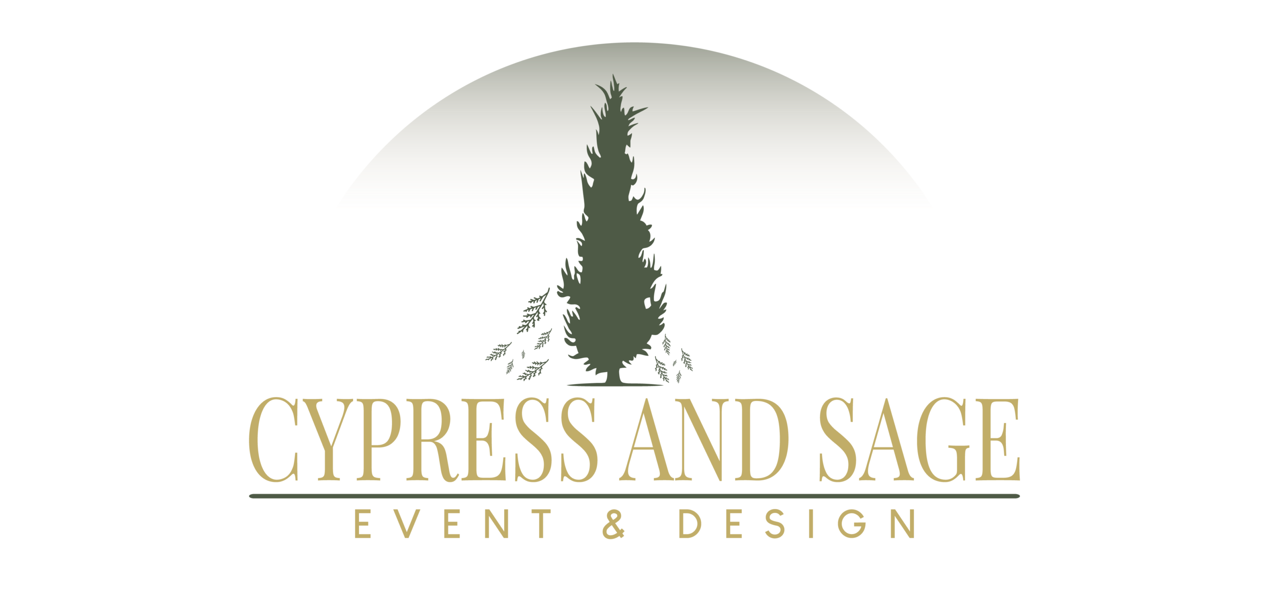 Logo with a dark green cypress tree, gray half-circle background, and gold text Cypress and Sage Event and Design.