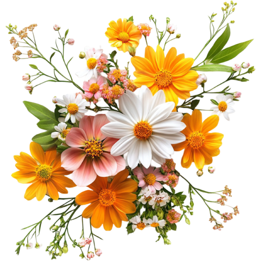 Assorted bouquet with yellow, orange, white, and pink flowers and green foliage.