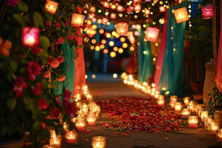 Pathway decorated with lit candles, hanging lanterns, flower petals, colorful drapes, and plants.