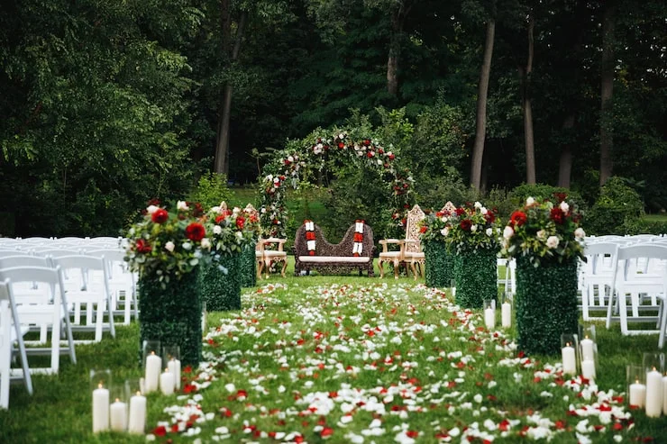 Outdoor wedding aisle with white chairs, floral arch, petals, candles, and wicker loveseat.